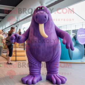 Purple Walrus mascot costume character dressed with a One-Piece Swimsuit and Belts