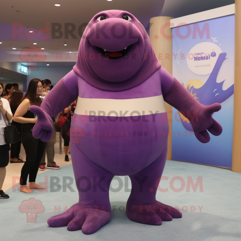 Purple Walrus mascot costume character dressed with a One-Piece Swimsuit and Belts Purple Walrus mascot costume character dressed with a One-Piece Swimsuit and Belts