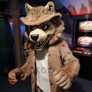 Tan Werewolf mascot costume character dressed with a Cardigan and Hat pins