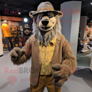 Tan Werewolf mascot costume character dressed with a Cardigan and Hat pins