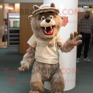 Tan Werewolf mascot costume character dressed with a Cardigan and Hat pins