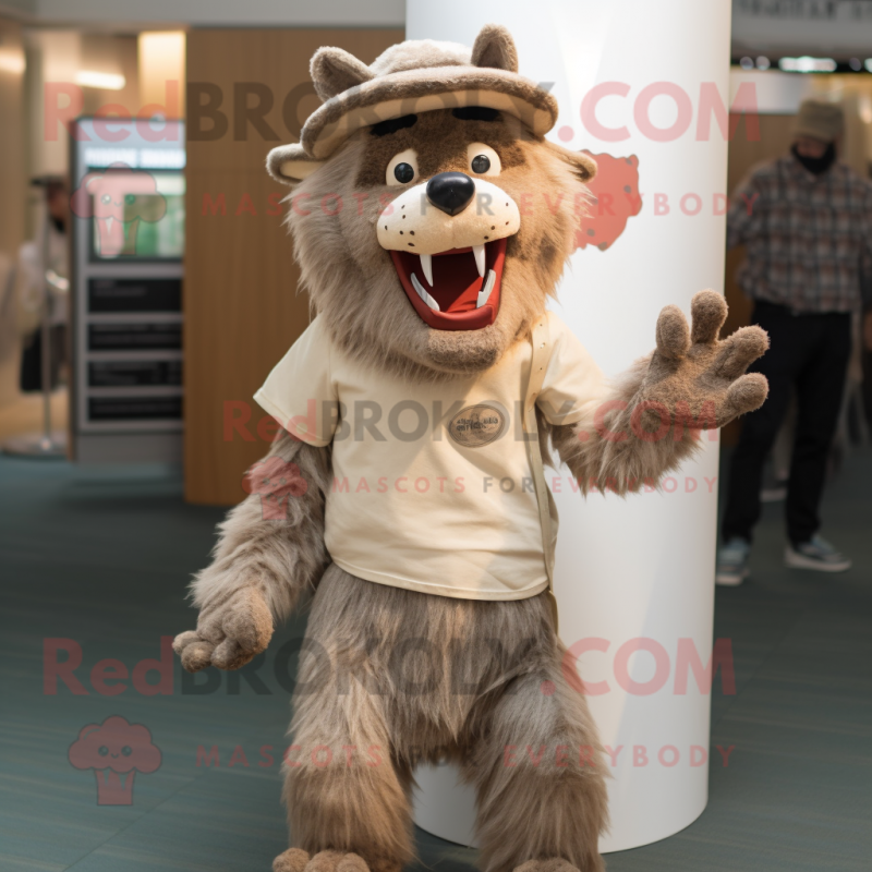 Tan Werewolf mascot costume character dressed with a Cardigan and Hat pins Tan Werewolf mascot costume character dressed with a Cardigan and Hat pins