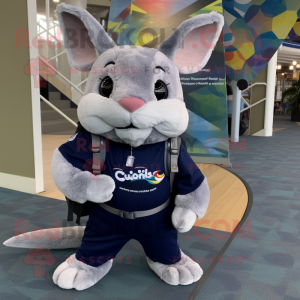 Navy Chinchilla mascot costume character dressed with a Bermuda Shorts and Backpacks