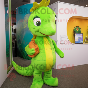 Lime Green Sea Horse mascot costume character dressed with a Chinos and Coin purses