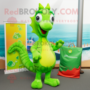 Lime Green Sea Horse mascot costume character dressed with a Chinos and Coin purses