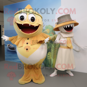 Cream Piranha mascot costume character dressed with a Midi Dress and Berets