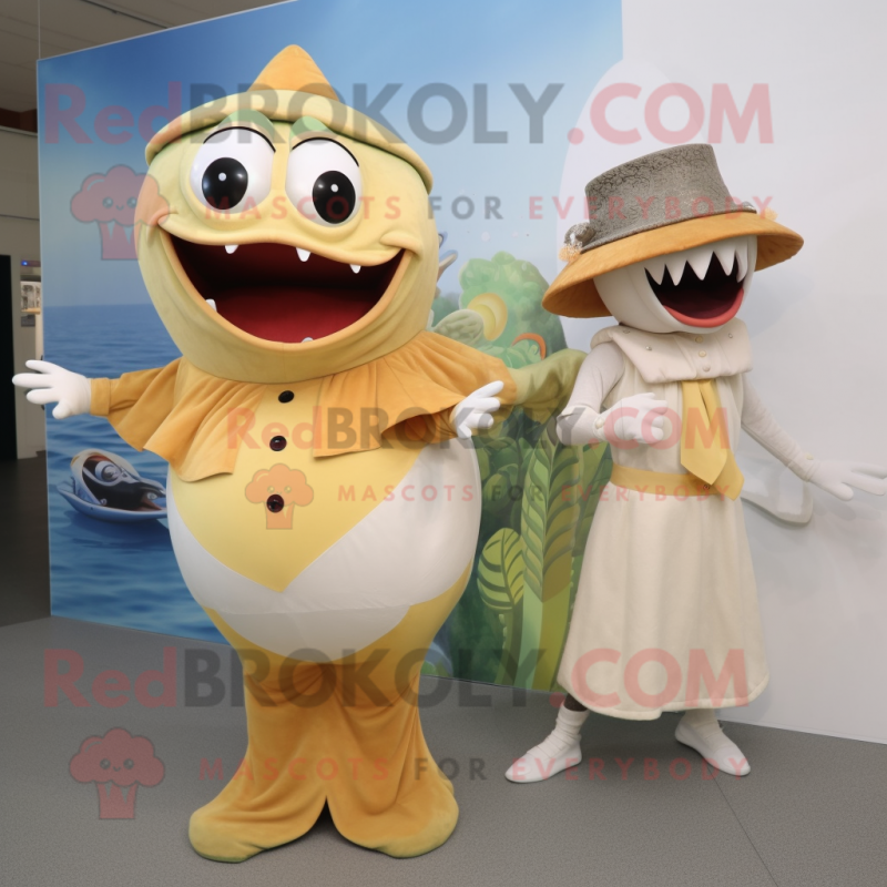 Cream Piranha mascot costume character dressed with a Midi Dress and Berets