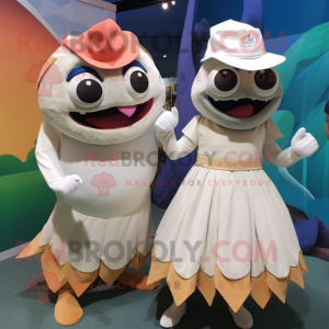 Cream Piranha mascot costume character dressed with a Midi Dress and Berets