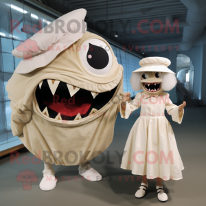 Cream Piranha mascot costume character dressed with a Midi Dress and Berets