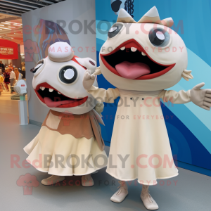 Cream Piranha mascot costume character dressed with a Midi Dress and Berets