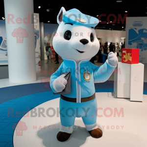 Sky Blue Ermine mascot costume character dressed with a Bomber Jacket and Coin purses