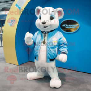 Sky Blue Ermine mascot costume character dressed with a Bomber Jacket and Coin purses