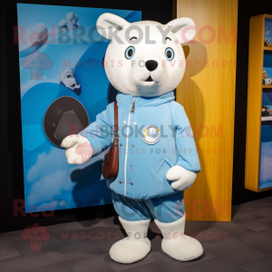 Sky Blue Ermine mascot costume character dressed with a Bomber Jacket and Coin purses