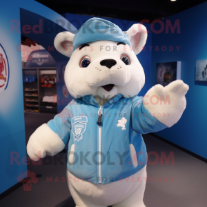 Sky Blue Ermine mascot costume character dressed with a Bomber Jacket and Coin purses