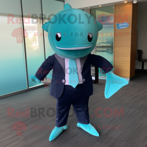 Teal Whale mascot costume character dressed with a Suit Pants and Hair clips