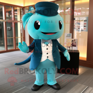 Teal Whale mascot costume character dressed with a Suit Pants and Hair clips