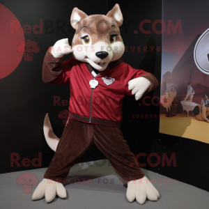 Maroon Thylacosmilus mascot costume character dressed with a Long Sleeve Tee and Anklets