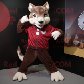 Maroon Thylacosmilus mascot costume character dressed with a Long Sleeve Tee and Anklets