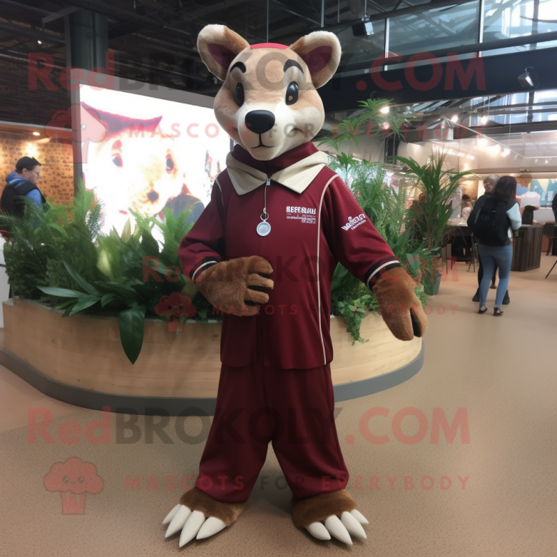 Maroon Thylacosmilus mascot costume character dressed with a Long Sleeve Tee and Anklets