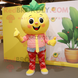Lemon Yellow Strawberry mascot costume character dressed with a Flannel Shirt and Bracelets
