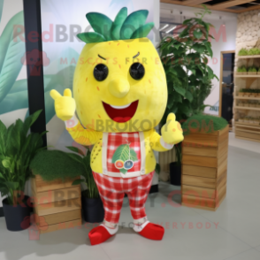 Lemon Yellow Strawberry mascot costume character dressed with a Flannel Shirt and Bracelets