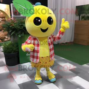 Lemon Yellow Strawberry mascot costume character dressed with a Flannel Shirt and Bracelets