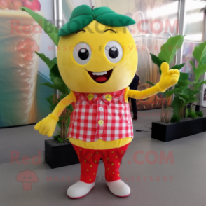 Lemon Yellow Strawberry mascot costume character dressed with a Flannel Shirt and Bracelets