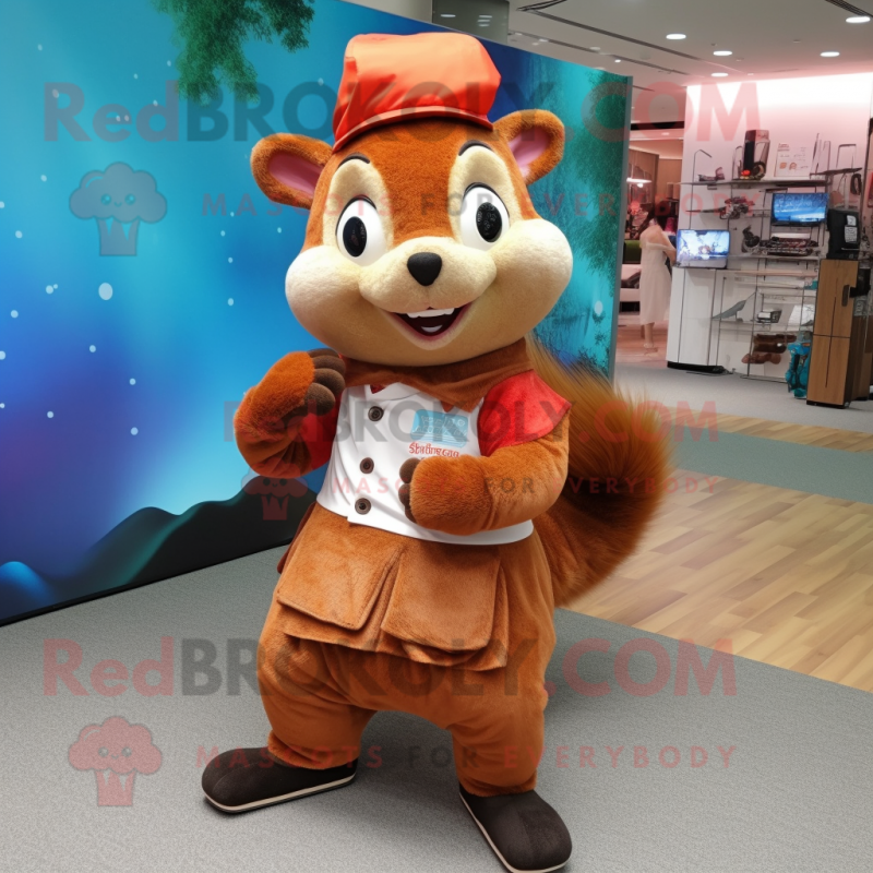 Rust Squirrel mascot costume character dressed with a Culottes and Shoe laces