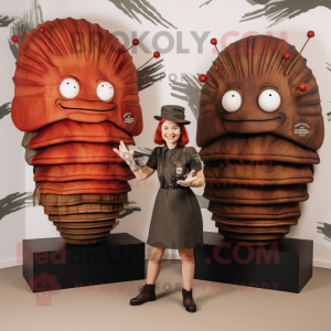 Rust Trilobite mascot costume character dressed with a Shift Dress and Berets