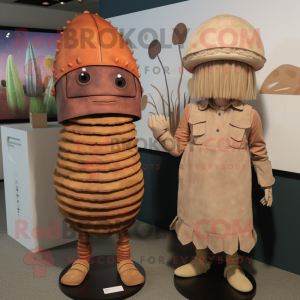 Rust Trilobite mascot costume character dressed with a Shift Dress and Berets