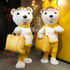 Gold Ermine mascot costume character dressed with a Polo Shirt and Handbags