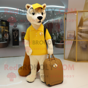 Gold Ermine mascot costume character dressed with a Polo Shirt and Handbags