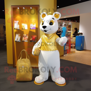 Gold Ermine mascot costume character dressed with a Polo Shirt and Handbags