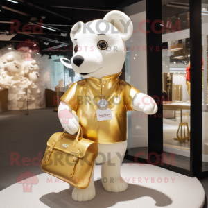 Gold Ermine mascot costume character dressed with a Polo Shirt and Handbags