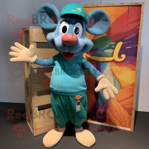 Teal Ratatouille mascot costume character dressed with a Board Shorts and Headbands
