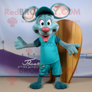 Teal Ratatouille mascot costume character dressed with a Board Shorts and Headbands