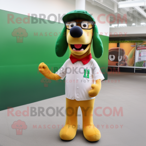 Forest Green Hot Dog mascot costume character dressed with a Button-Up Shirt and Eyeglasses