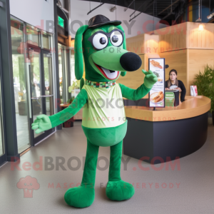 Forest Green Hot Dog mascot costume character dressed with a Button-Up Shirt and Eyeglasses