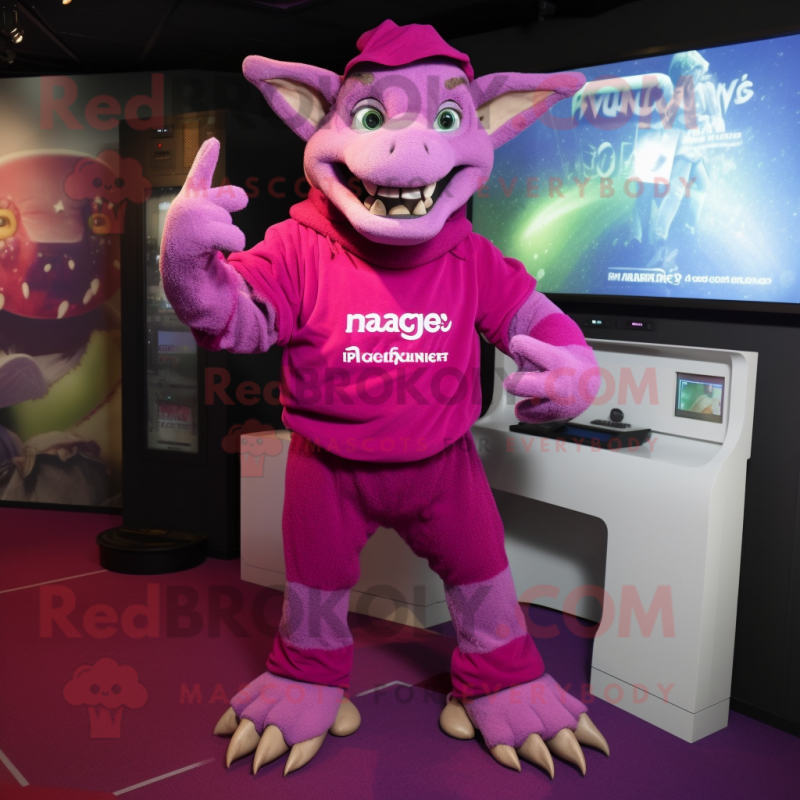 Magenta Gargoyle mascot costume character dressed with a Playsuit and Beanies