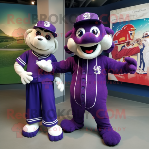 Purple Acrobat mascot costume character dressed with a Baseball Tee and Brooches