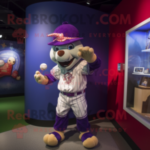 Purple Acrobat mascot costume character dressed with a Baseball Tee and Brooches