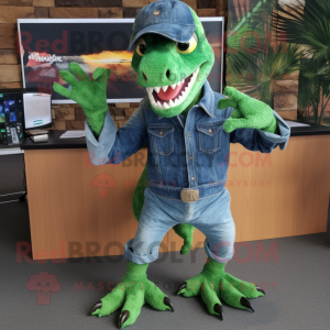 Green Deinonychus mascot costume character dressed with a Denim Shorts and Earrings