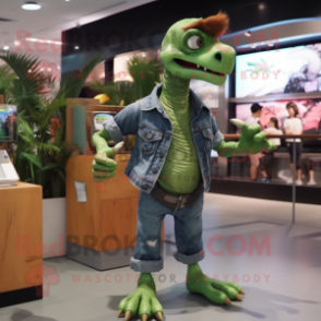 Green Deinonychus mascot costume character dressed with a Denim Shorts and Earrings