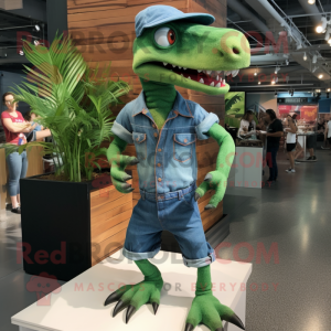 Green Deinonychus mascot costume character dressed with a Denim Shorts and Earrings