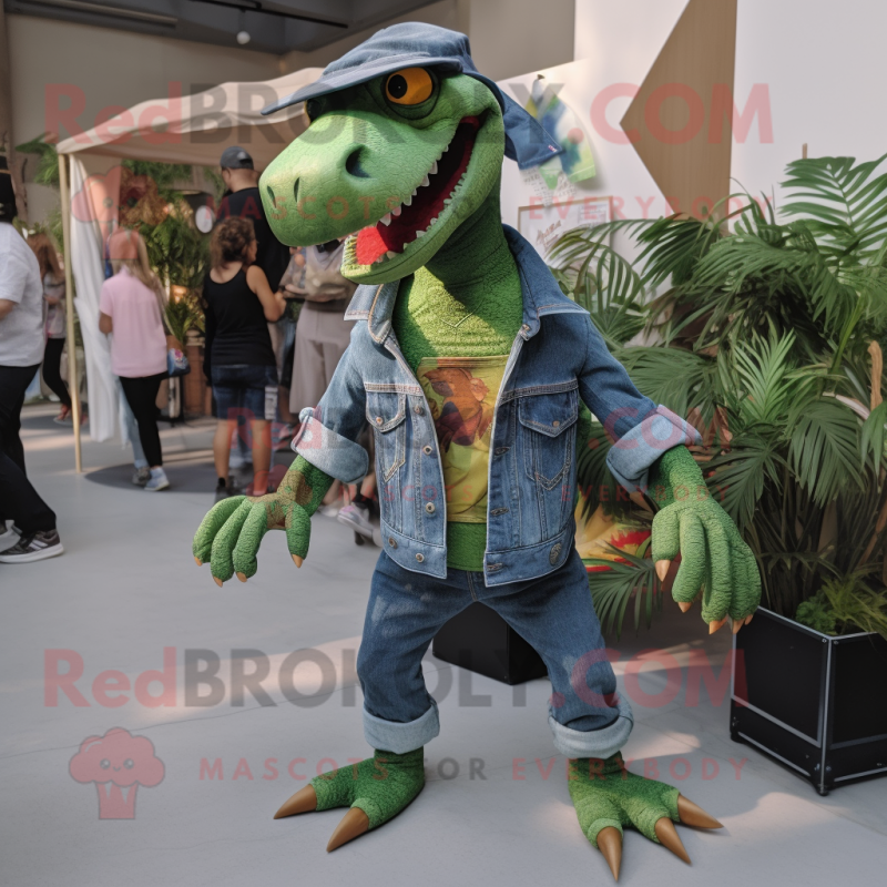 Green Deinonychus mascot costume character dressed with a Denim Shorts and Earrings Green Deinonychus mascot costume character dressed with a Denim Shorts and Earrings