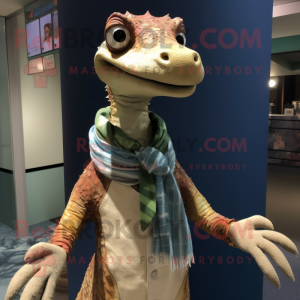 Tan Coelophysis mascot costume character dressed with a Button-Up Shirt and Shawls