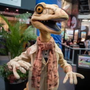 Tan Coelophysis mascot costume character dressed with a Button-Up Shirt and Shawls