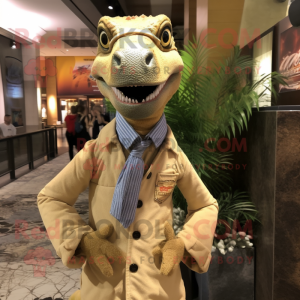 Tan Coelophysis mascot costume character dressed with a Button-Up Shirt and Shawls