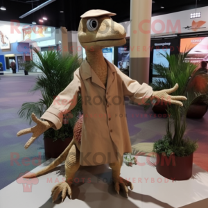 Tan Coelophysis mascot costume character dressed with a Button-Up Shirt and Shawls