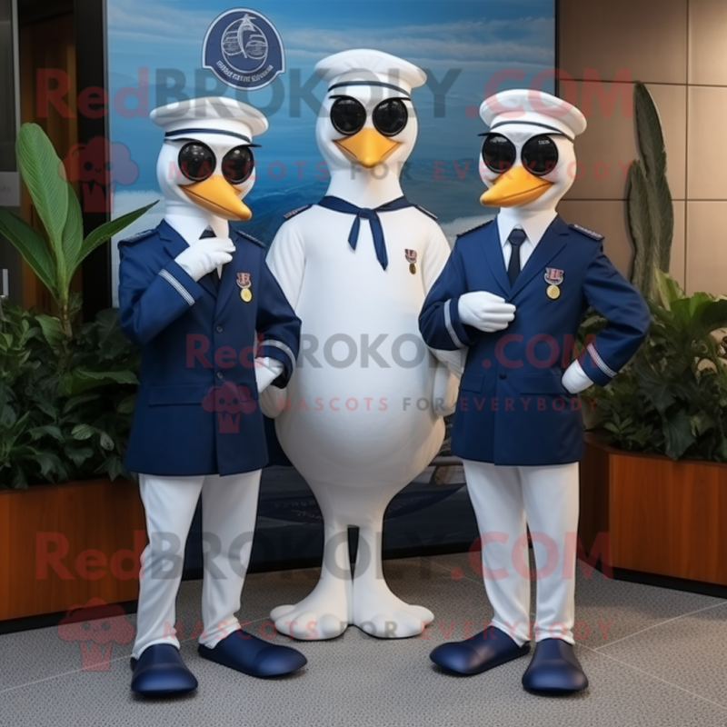 Navy Swans mascot costume character dressed with a Suit and Eyeglasses